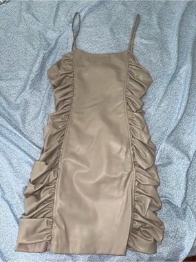 Zara Ruched Faux Leather Slip Dress in Taupe